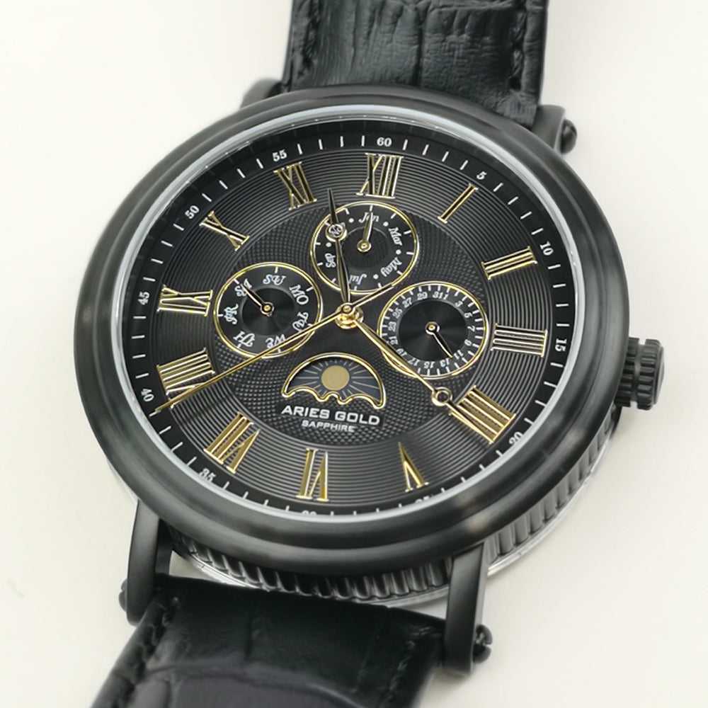 ARIES GOLD URBAN KENSINGTON BLACK STAINLESS STEEL G 101 BK-BKG LEATHER STRAP MEN'S WATCH - H2 Hub Watches