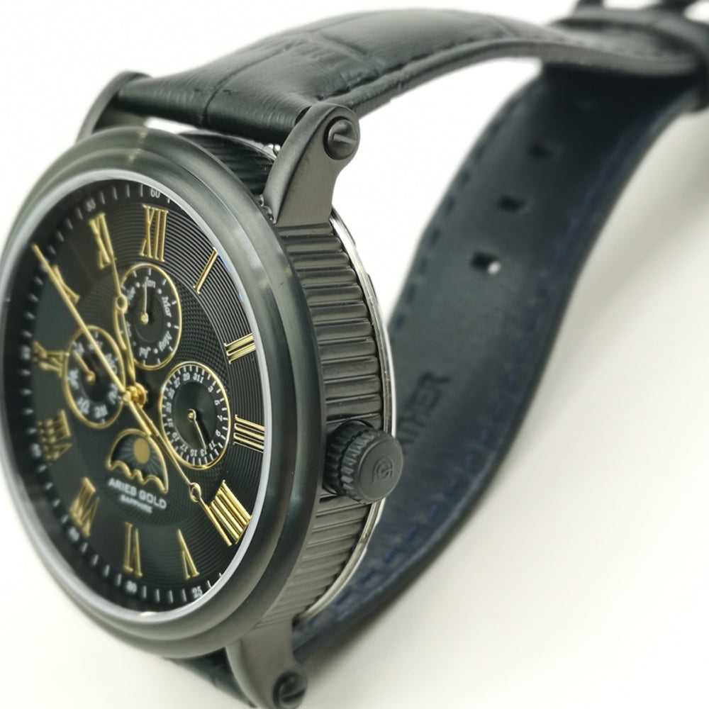 ARIES GOLD URBAN KENSINGTON BLACK STAINLESS STEEL G 101 BK-BKG LEATHER STRAP MEN'S WATCH - H2 Hub Watches