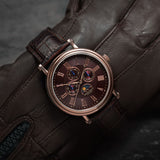 ARIES GOLD URBAN KENSINGTON ROSE GOLD STAINLESS STEEL G 101 RG-CF BROWN LEATHER STRAP UNISEX'S WATCH