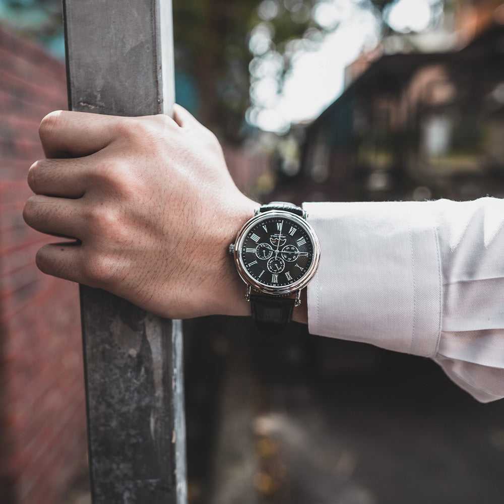 ARIES GOLD URBAN KENSINGTON SILVER STAINLESS STEEL G 101 S-BK BLACK LEATHER STRAP MEN'S WATCH - H2 Hub Watches