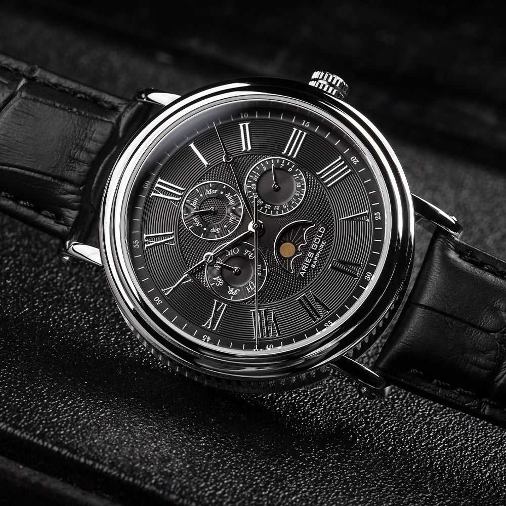 ARIES GOLD URBAN KENSINGTON SILVER STAINLESS STEEL G 101 S-BK BLACK LEATHER STRAP MEN'S WATCH - H2 Hub Watches