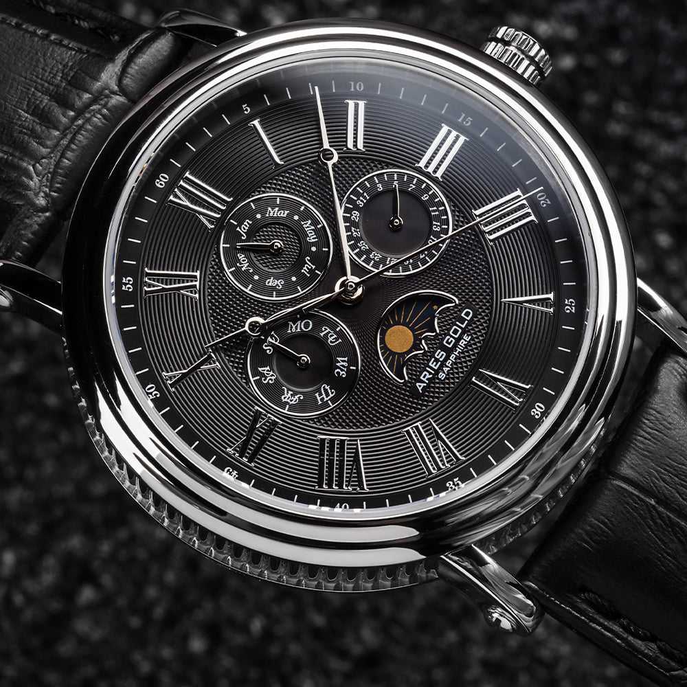 ARIES GOLD URBAN KENSINGTON SILVER STAINLESS STEEL G 101 S-BK BLACK LEATHER STRAP MEN'S WATCH - H2 Hub Watches
