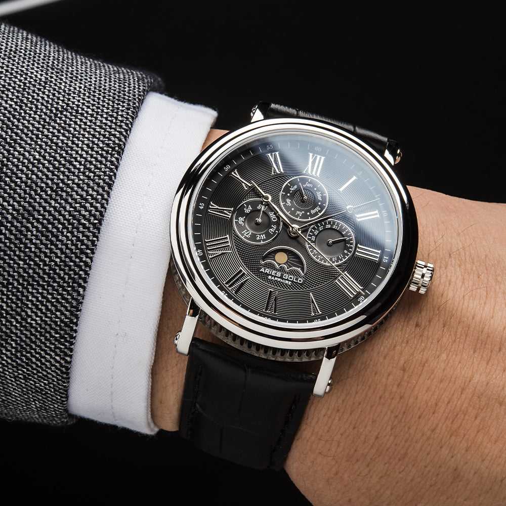 ARIES GOLD URBAN KENSINGTON SILVER STAINLESS STEEL G 101 S-BK BLACK LEATHER STRAP MEN'S WATCH - H2 Hub Watches