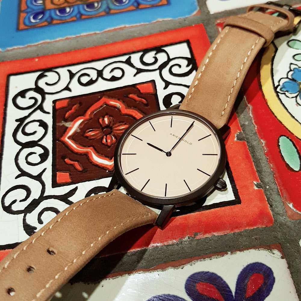 ARIES GOLD URBAN SANTOS G 1022 BK-BEI BROWN LEATHER STRAP MEN'S WATCH - H2 Hub Watches