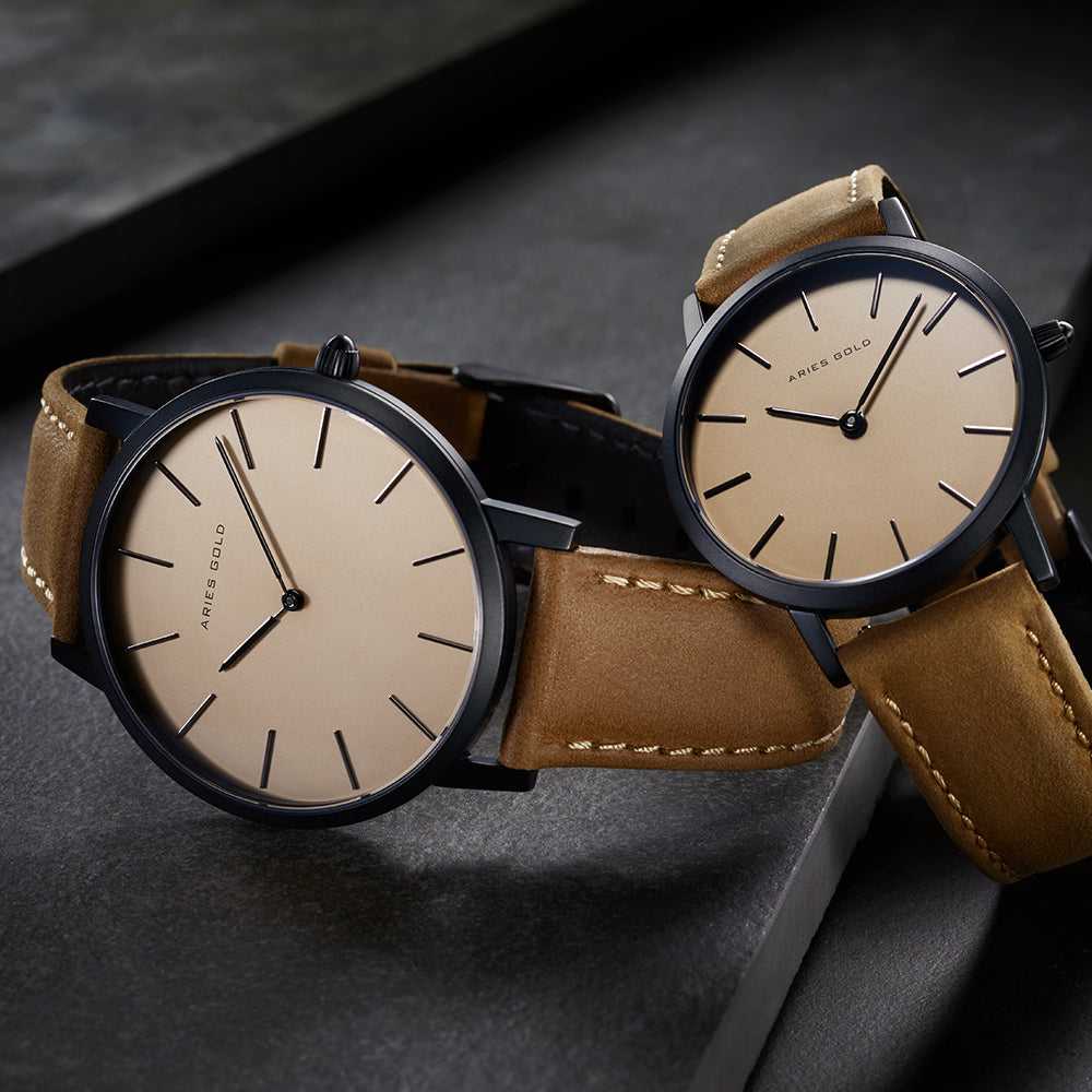 ARIES GOLD URBAN SANTOS G 1022 BK-BEI BROWN LEATHER STRAP MEN'S WATCH - H2 Hub Watches