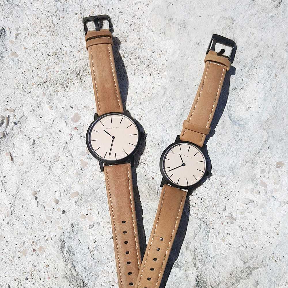 ARIES GOLD URBAN SANTOS G 1022 BK-BEI BROWN LEATHER STRAP MEN'S WATCH - H2 Hub Watches