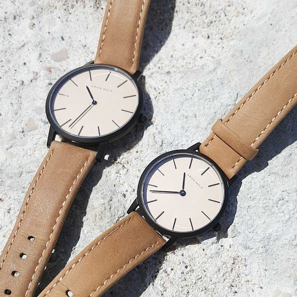 ARIES GOLD URBAN SANTOS G 1022 BK-BEI BROWN LEATHER STRAP MEN'S WATCH - H2 Hub Watches