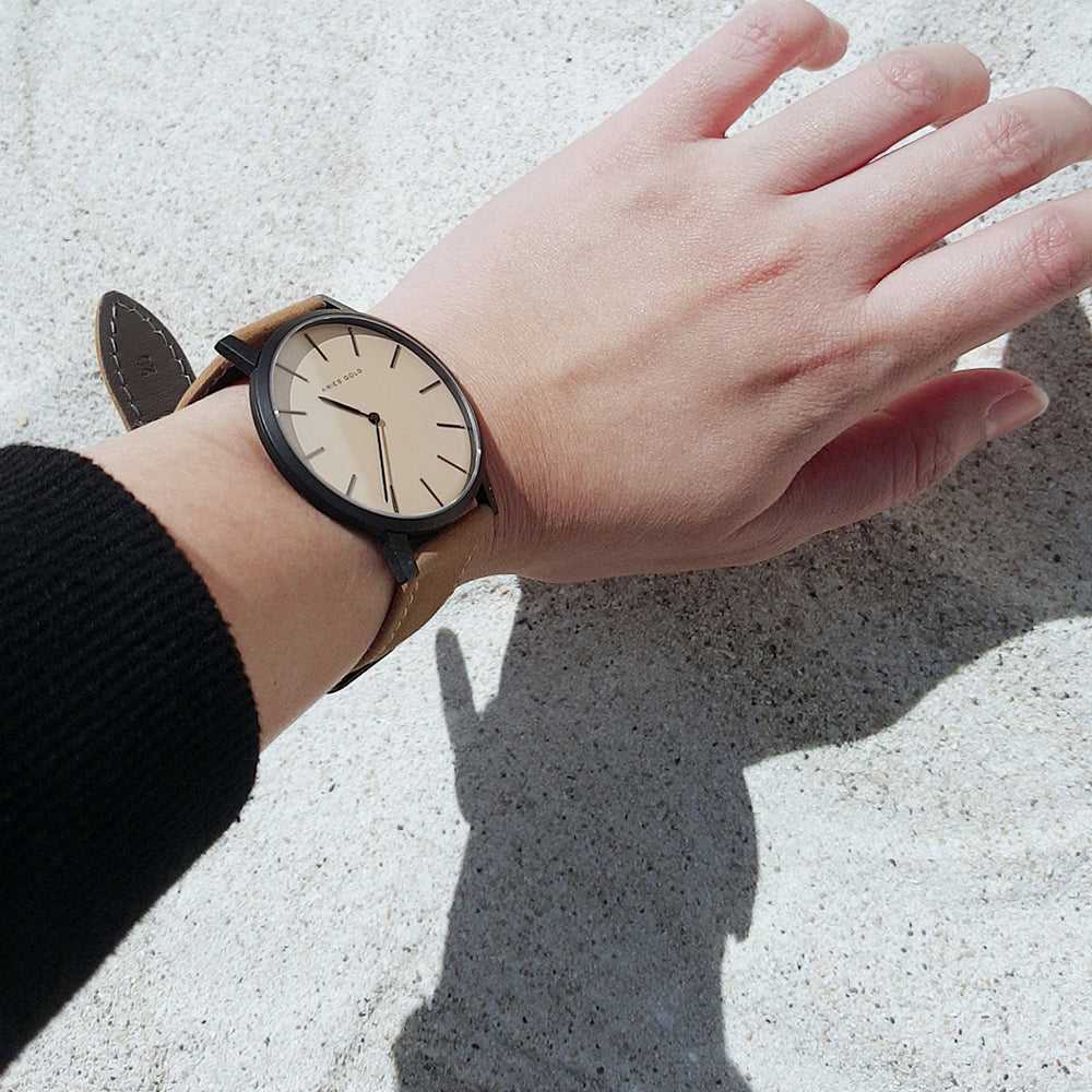 ARIES GOLD URBAN SANTOS G 1022 BK-BEI BROWN LEATHER STRAP MEN'S WATCH - H2 Hub Watches