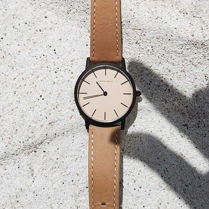 ARIES GOLD URBAN SANTOS G 1022 BK-BEI BROWN LEATHER STRAP MEN'S WATCH - H2 Hub Watches