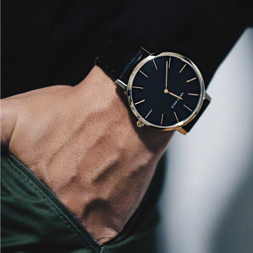 ARIES GOLD URBAN SANTOS G 1022 G-BK BLACK LEATHER STRAP MEN'S WATCH - H2 Hub Watches