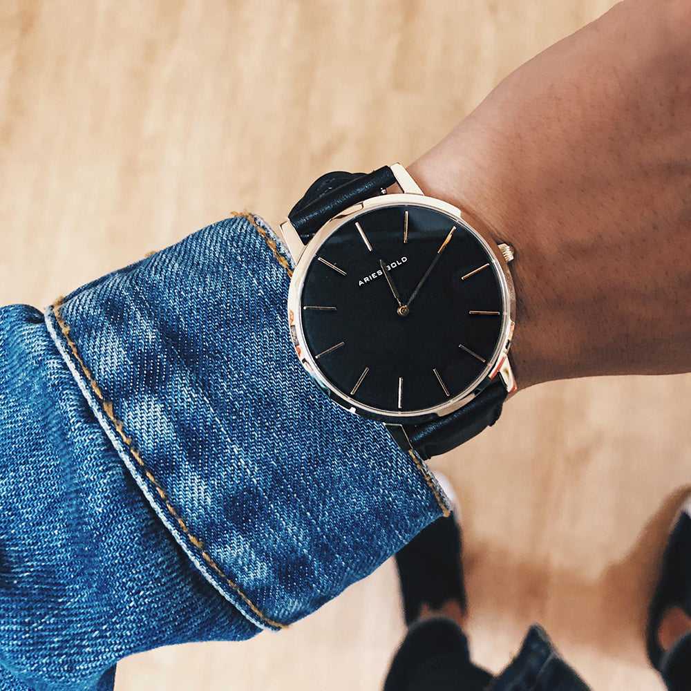 ARIES GOLD URBAN SANTOS G 1022 G-BK BLACK LEATHER STRAP MEN'S WATCH - H2 Hub Watches