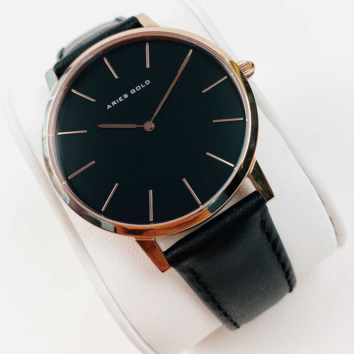 ARIES GOLD URBAN SANTOS ROSE GOLD STAINLESS STEEL G 1022 RG-BK BLACK LEATHER STRAP MEN'S WATCH - H2 Hub Watches