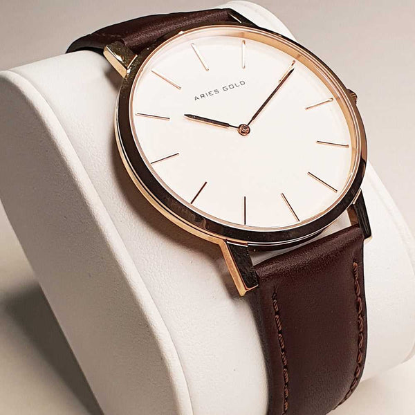 ARIES GOLD URBAN SANTOS G 1022 RG-W BROWN LEATHER STRAP MEN'S WATCH - H2 Hub Watches