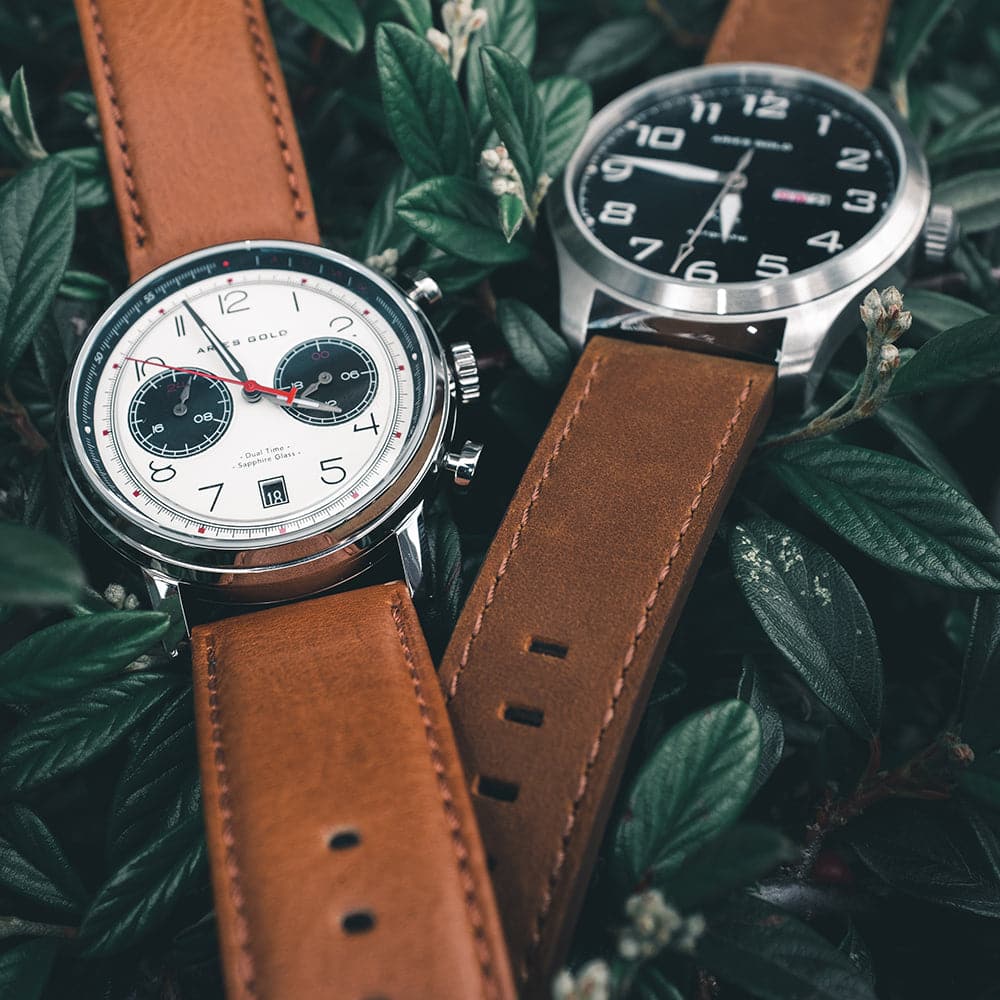 ARIES GOLD URBAN JOURNEY SILVER STAINLESS STEEL G 1025 S-W BROWN LEATHER STRAP MEN'S WATCH - H2 Hub Watches