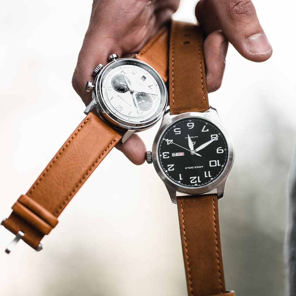 ARIES GOLD URBAN JOURNEY SILVER STAINLESS STEEL G 1025 S-W BROWN LEATHER STRAP MEN'S WATCH - H2 Hub Watches