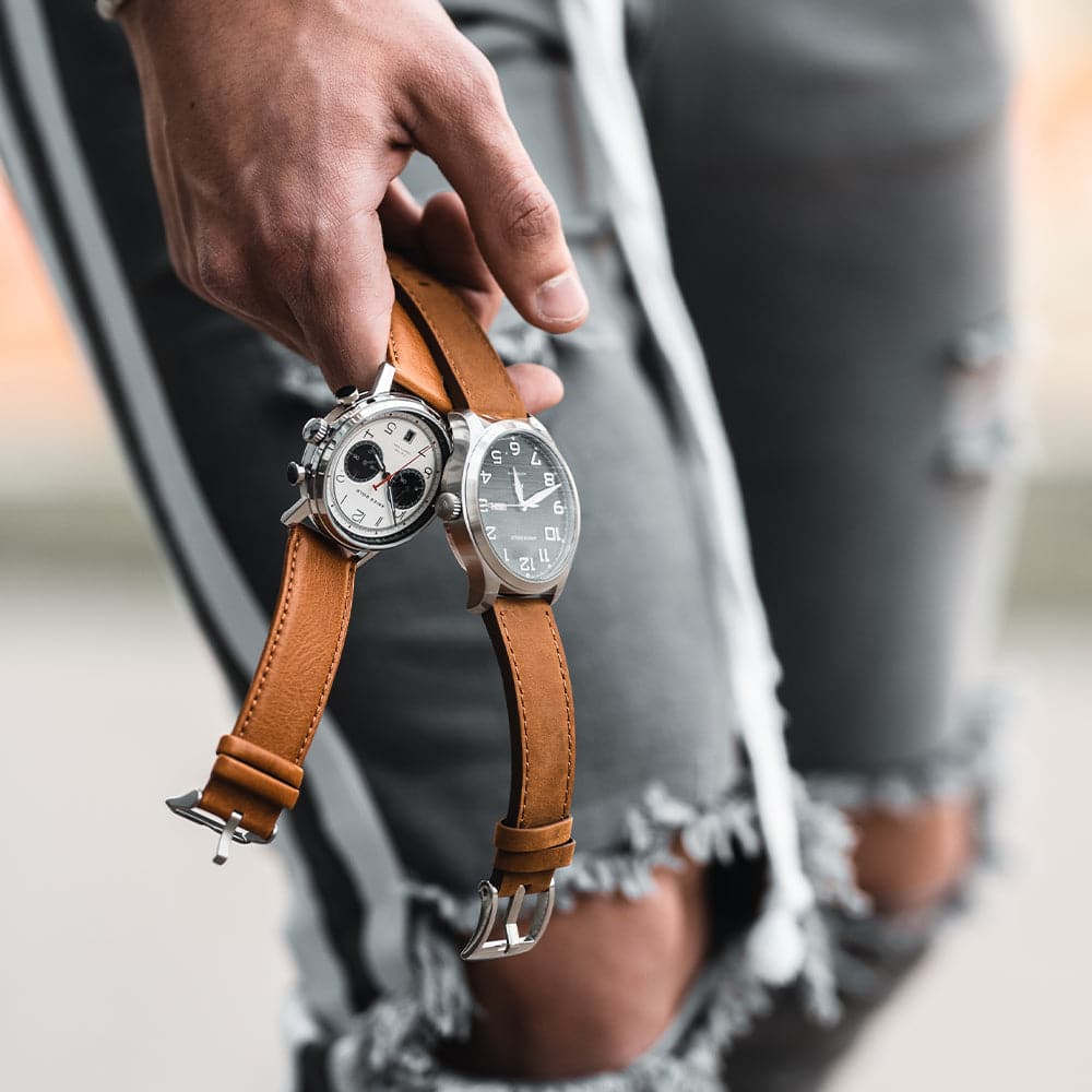 ARIES GOLD URBAN JOURNEY SILVER STAINLESS STEEL G 1025 S-W BROWN LEATHER STRAP MEN'S WATCH - H2 Hub Watches