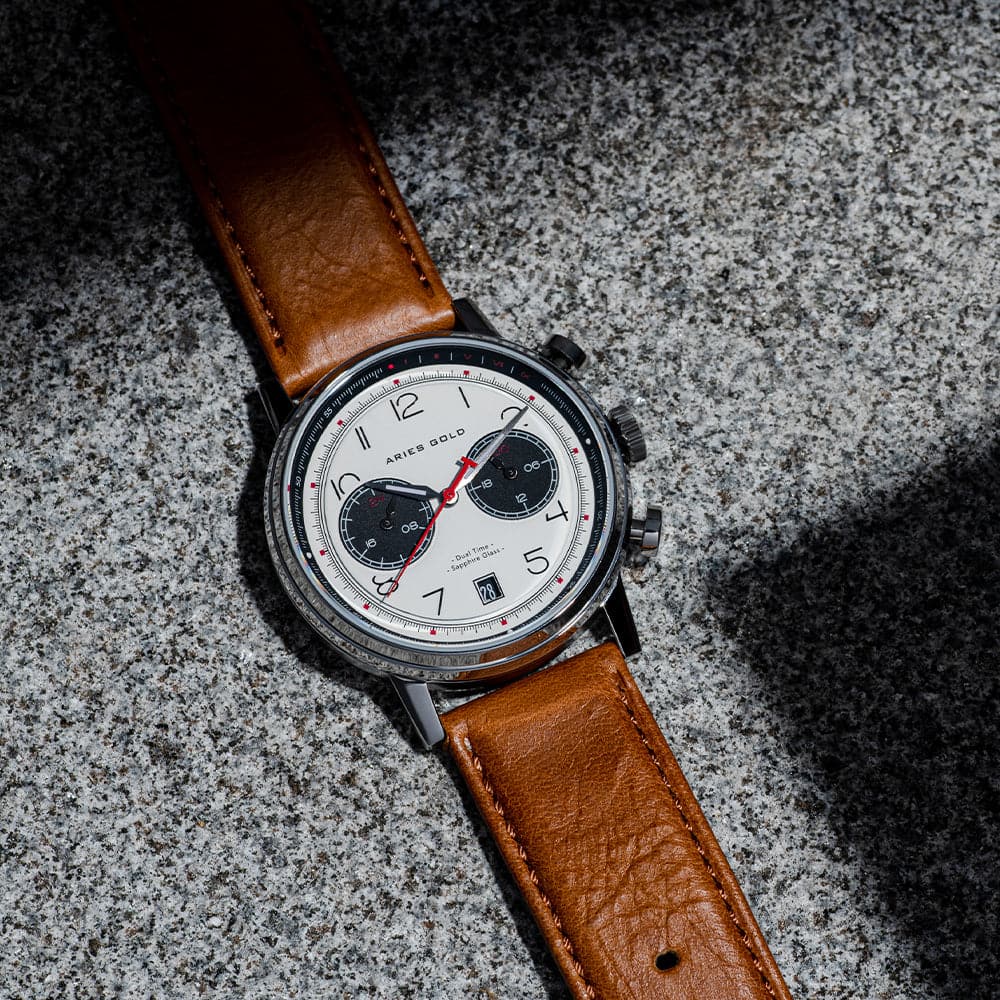 ARIES GOLD URBAN JOURNEY SILVER STAINLESS STEEL G 1025 S-W BROWN LEATHER STRAP MEN'S WATCH - H2 Hub Watches