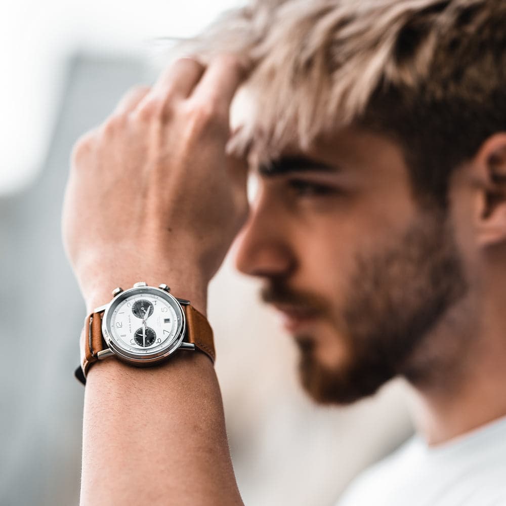 ARIES GOLD URBAN JOURNEY SILVER STAINLESS STEEL G 1025 S-W BROWN LEATHER STRAP MEN'S WATCH - H2 Hub Watches