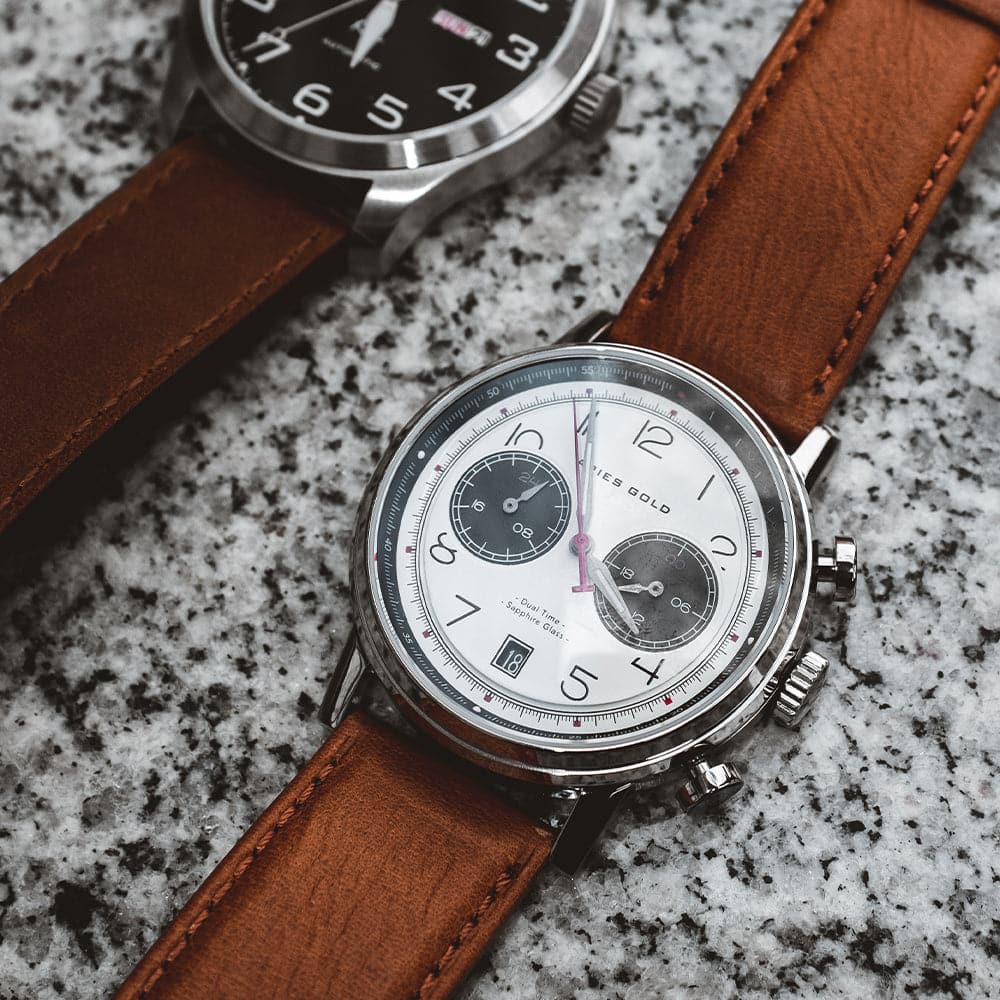 ARIES GOLD URBAN JOURNEY SILVER STAINLESS STEEL G 1025 S-W BROWN LEATHER STRAP MEN'S WATCH - H2 Hub Watches