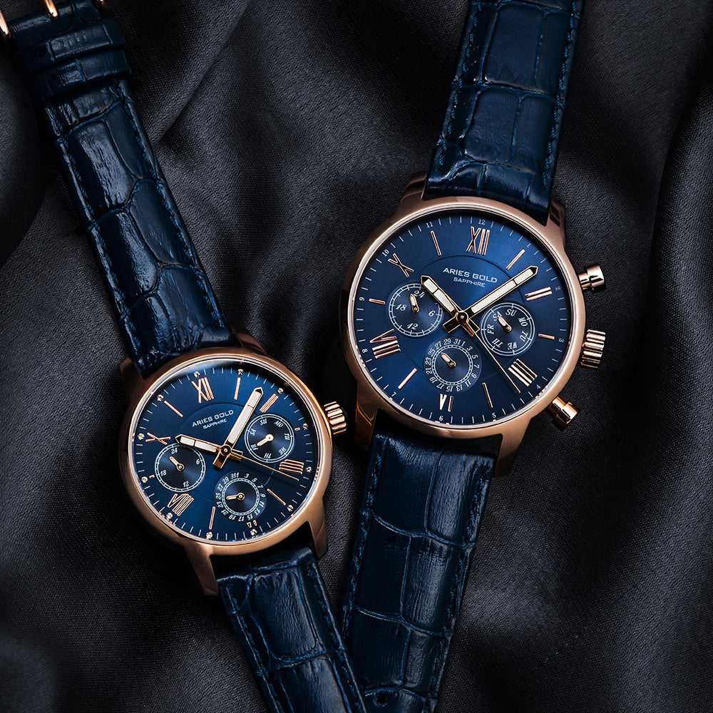 ARIES GOLD URBAN ETERNAL ROSE GOLD STAINLESS STEEL G 103 RG-BU BLUE LEATHER STRAP MEN'S WATCH - H2 Hub Watches