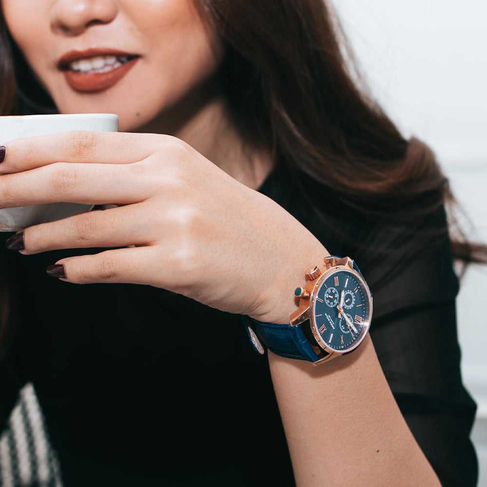 ARIES GOLD URBAN ETERNAL ROSE GOLD STAINLESS STEEL G 103 RG-BU BLUE LEATHER STRAP MEN'S WATCH - H2 Hub Watches