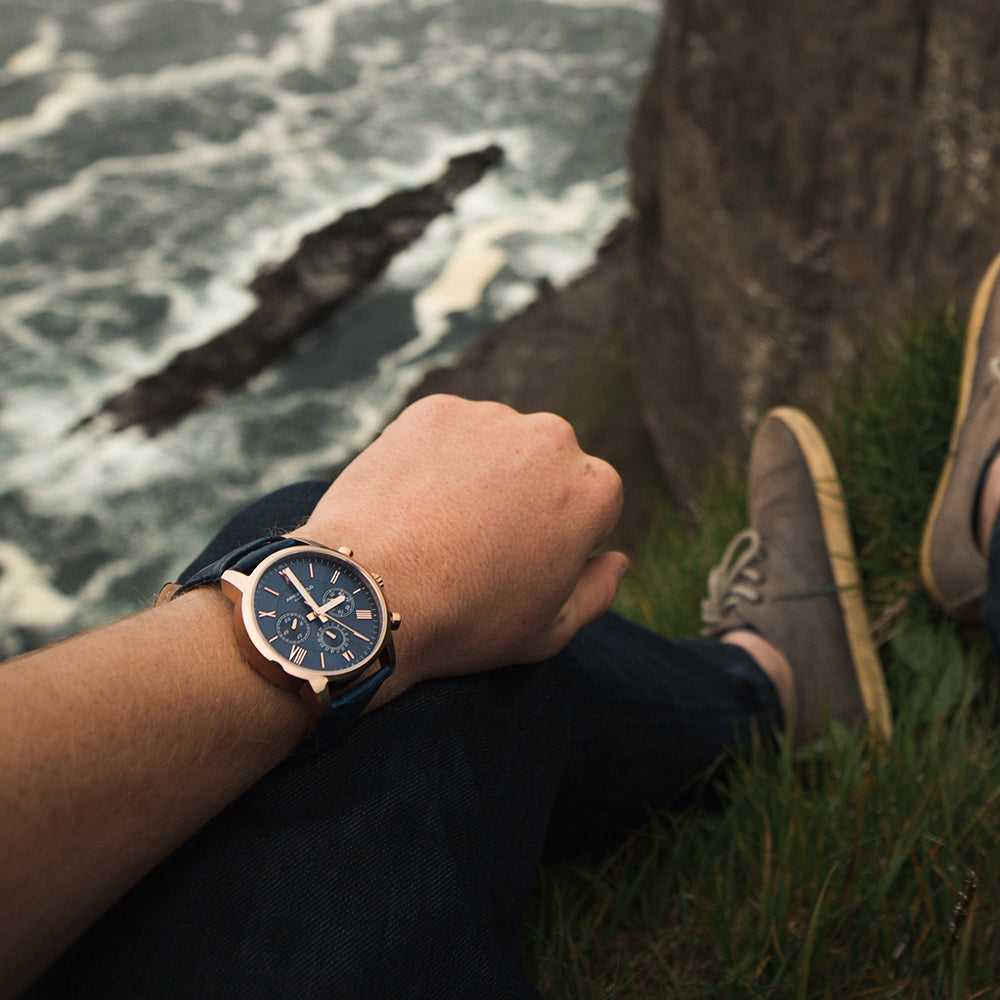 ARIES GOLD URBAN ETERNAL ROSE GOLD STAINLESS STEEL G 103 RG-BU BLUE LEATHER STRAP MEN'S WATCH - H2 Hub Watches