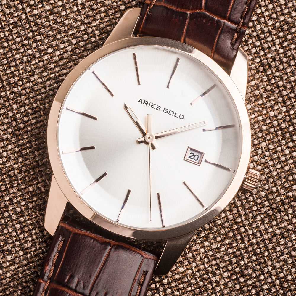 ARIES GOLD URBAN ENERGY ROSE GOLD STAINLESS STEEL G 639M RG-ROSE BROWN LEATHER STRAP MEN'S WATCH - H2 Hub Watches