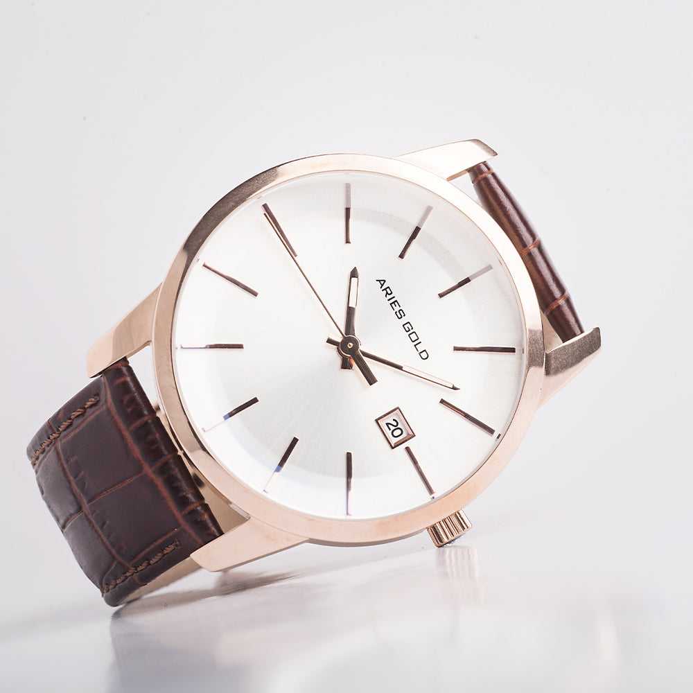 ARIES GOLD URBAN ENERGY ROSE GOLD STAINLESS STEEL G 639M RG-ROSE BROWN LEATHER STRAP MEN'S WATCH - H2 Hub Watches