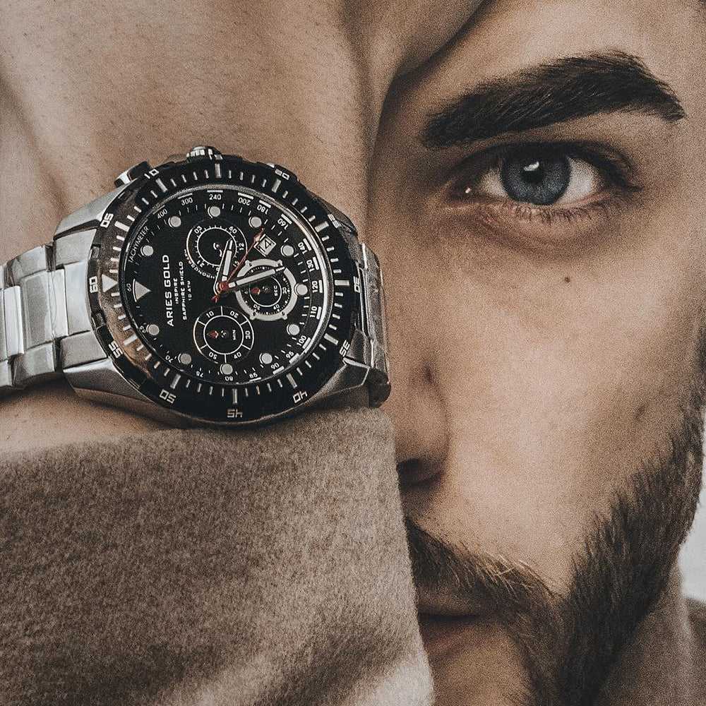 ARIES GOLD CHRONOGRAPH ATLANTIC SILVER STAINLESS STEEL G 7002 SBK-BK MEN'S WATCH - H2 Hub Watches