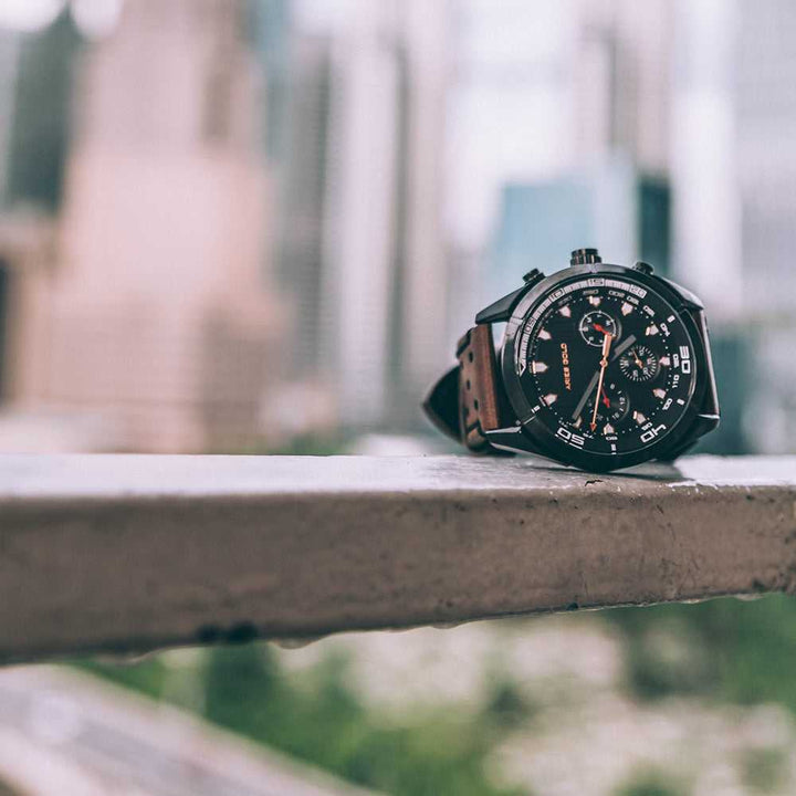 ARIES GOLD ANALOG ENDURO BLACK STAINLESS STEEL G 7006Z BK-BK BROWN LEATHER STRAP MEN'S WATCH - H2 Hub Watches