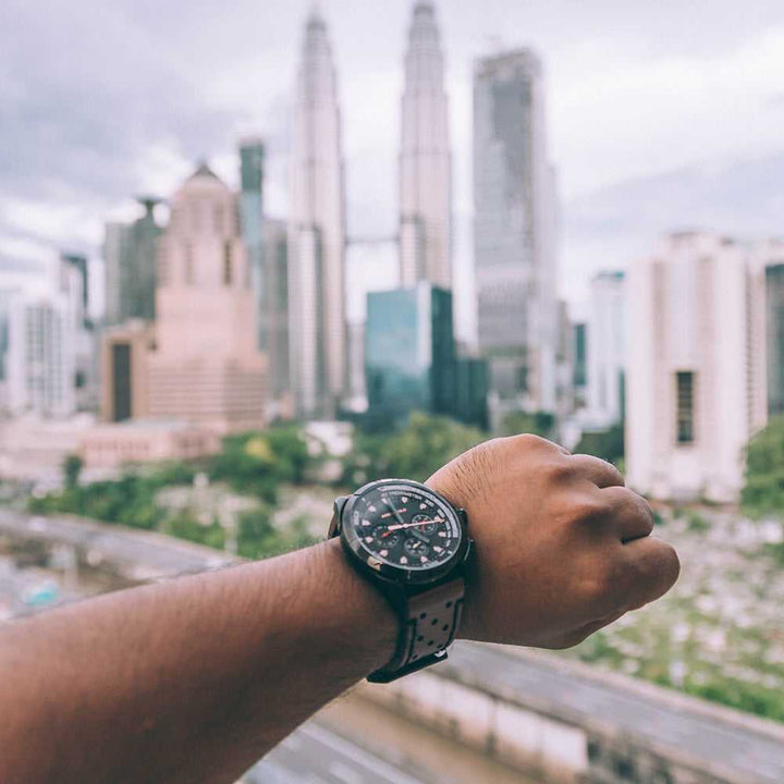 ARIES GOLD ANALOG ENDURO BLACK STAINLESS STEEL G 7006Z BK-BK BROWN LEATHER STRAP MEN'S WATCH - H2 Hub Watches