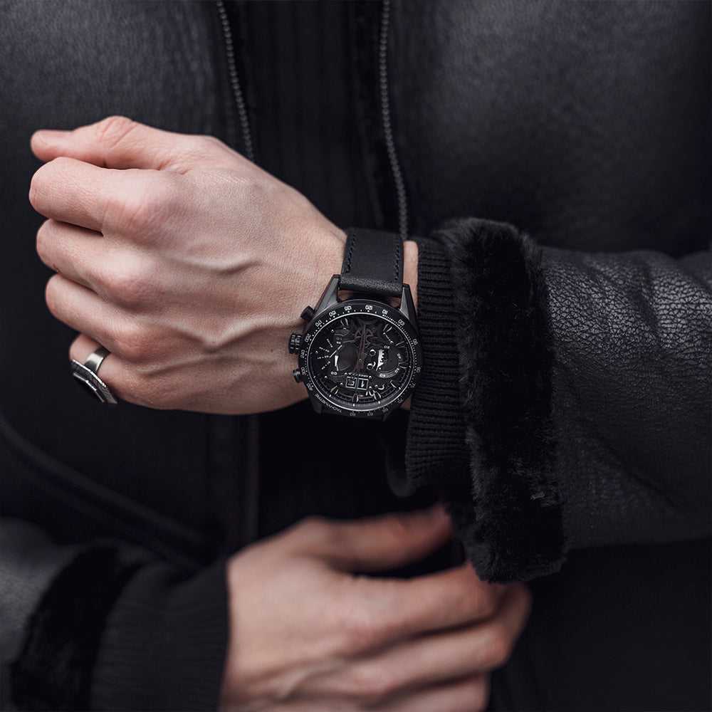 ARIES GOLD CHRONOGRAPH JOLTER BLACK STAINLESS STEEL G 7008 BK-BK LEATHER STRAP MEN'S WATCH - H2 Hub Watches