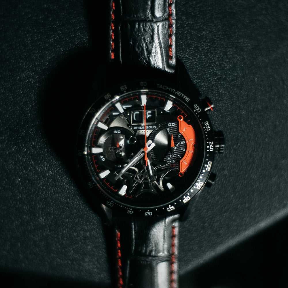 ARIES GOLD CHRONOGRAPH JOLTER BLACK STAINLESS STEEL G 7008 BK-R LEATHER STRAP MEN'S WATCH - H2 Hub Watches