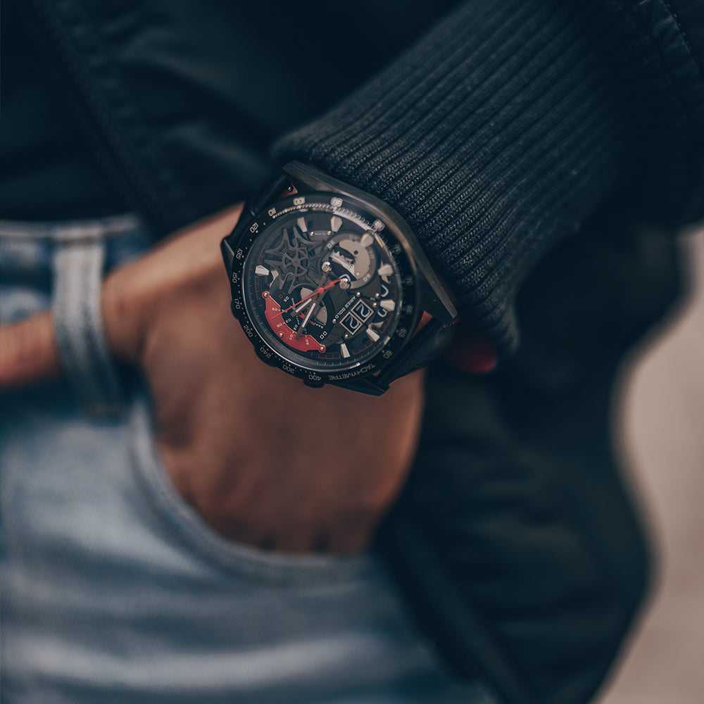 ARIES GOLD CHRONOGRAPH JOLTER BLACK STAINLESS STEEL G 7008 BK-R LEATHER STRAP MEN'S WATCH - H2 Hub Watches