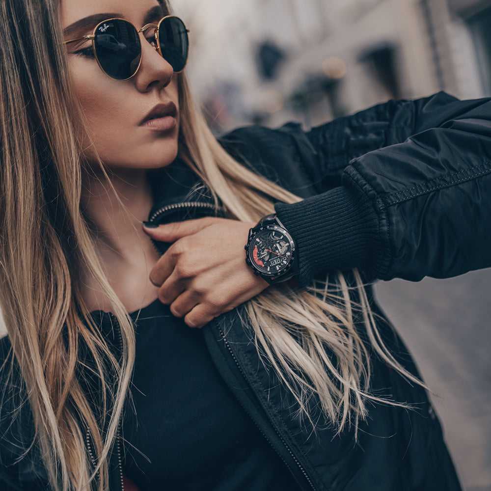 ARIES GOLD CHRONOGRAPH JOLTER BLACK STAINLESS STEEL G 7008 BK-R LEATHER STRAP MEN'S WATCH - H2 Hub Watches