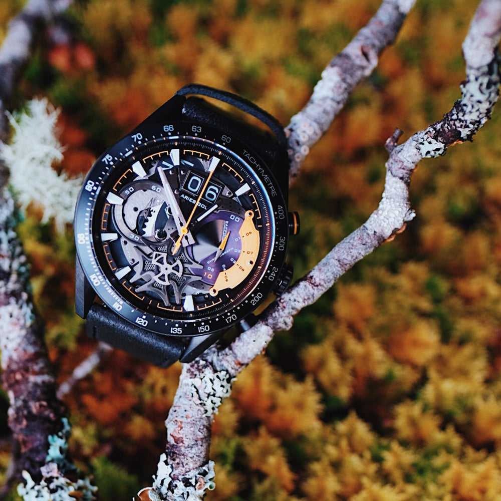 ARIES GOLD CHRONOGRAPH JOLTER BLACK STAINLESS STEEL G 7008 BK-YW LEATHER STRAP MEN'S WATCH - H2 Hub Watches