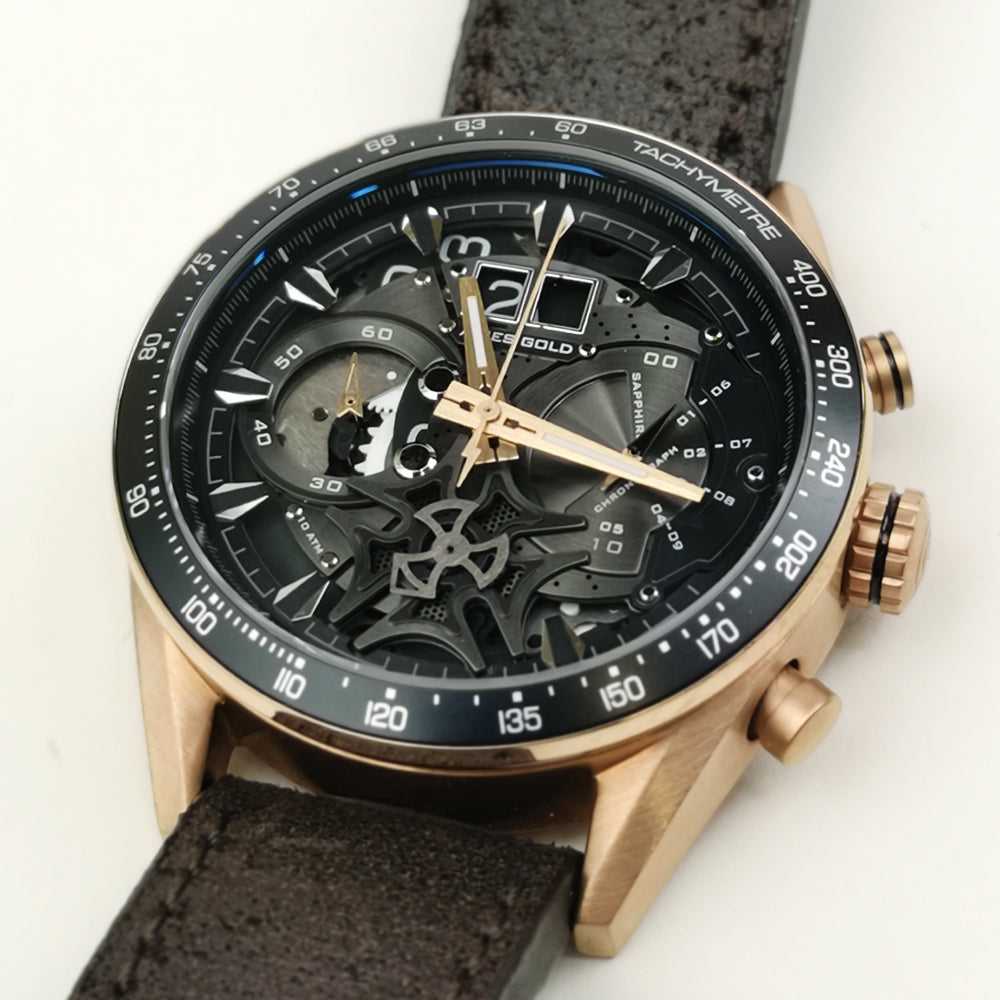 ARIES GOLD CHRONOGRAPH JOLTER ROSE GOLD STAINLESS STEEL G 7008 RG-BK BROWN LEATHER STRAP MEN'S WATCH - H2 Hub Watches