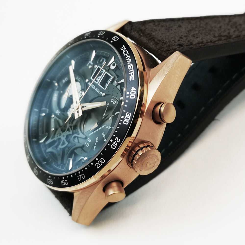 ARIES GOLD CHRONOGRAPH JOLTER ROSE GOLD STAINLESS STEEL G 7008 RG-BK BROWN LEATHER STRAP MEN'S WATCH - H2 Hub Watches