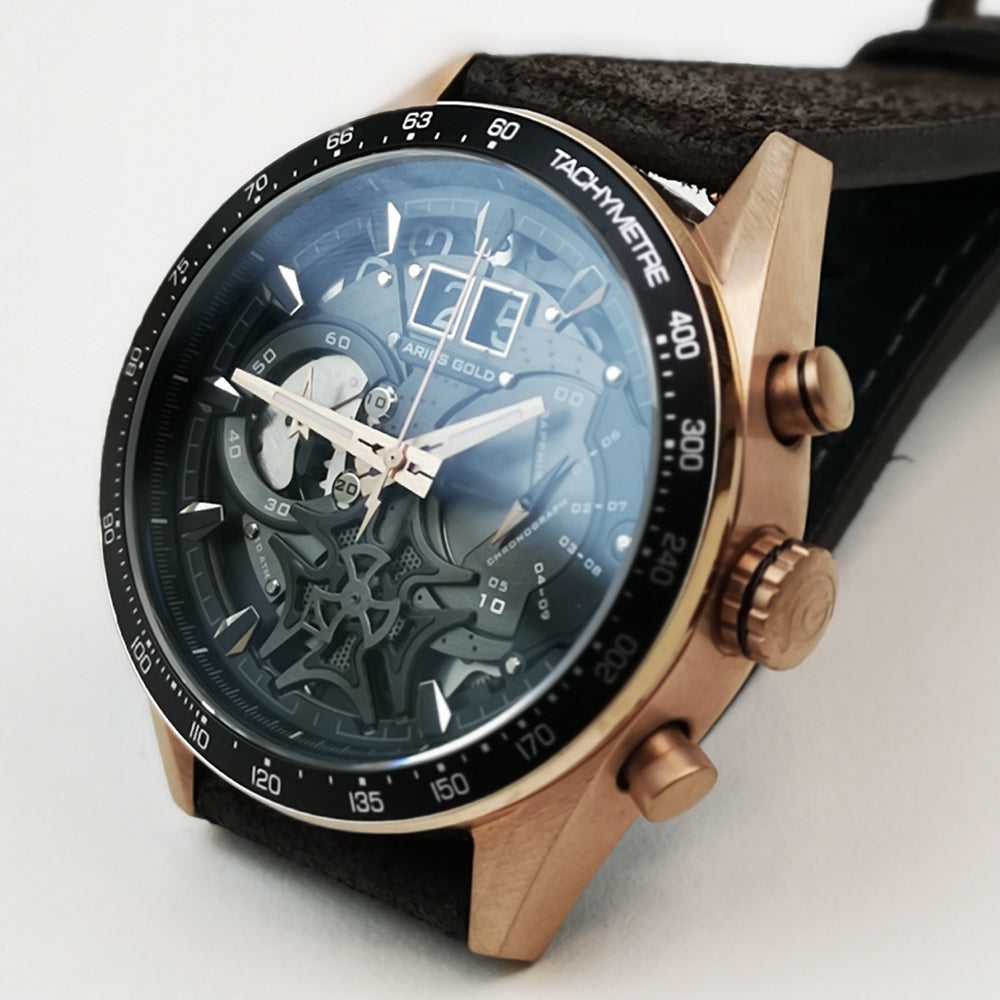 ARIES GOLD CHRONOGRAPH JOLTER ROSE GOLD STAINLESS STEEL G 7008 RG-BK BROWN LEATHER STRAP MEN'S WATCH - H2 Hub Watches