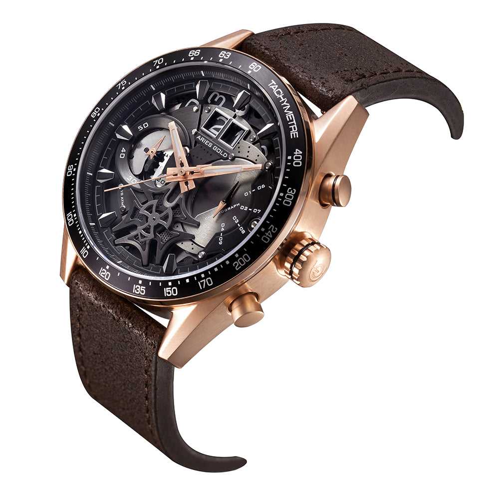 ARIES GOLD CHRONOGRAPH JOLTER ROSE GOLD STAINLESS STEEL G 7008 RG-BK BROWN LEATHER STRAP MEN'S WATCH - H2 Hub Watches
