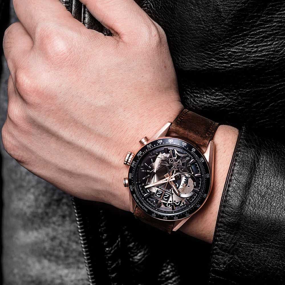 ARIES GOLD CHRONOGRAPH JOLTER ROSE GOLD STAINLESS STEEL G 7008 RG-BK BROWN LEATHER STRAP MEN'S WATCH - H2 Hub Watches