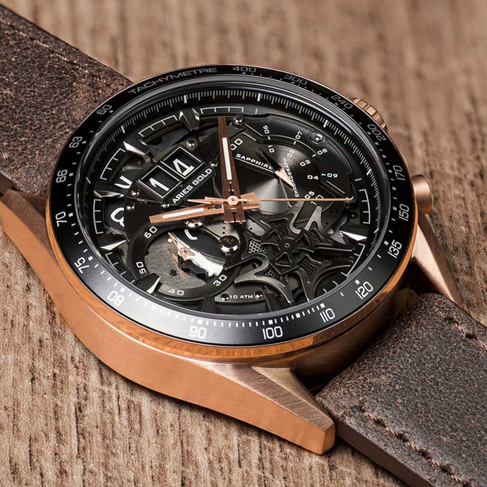 ARIES GOLD CHRONOGRAPH JOLTER ROSE GOLD STAINLESS STEEL G 7008 RG-BK BROWN LEATHER STRAP MEN'S WATCH - H2 Hub Watches