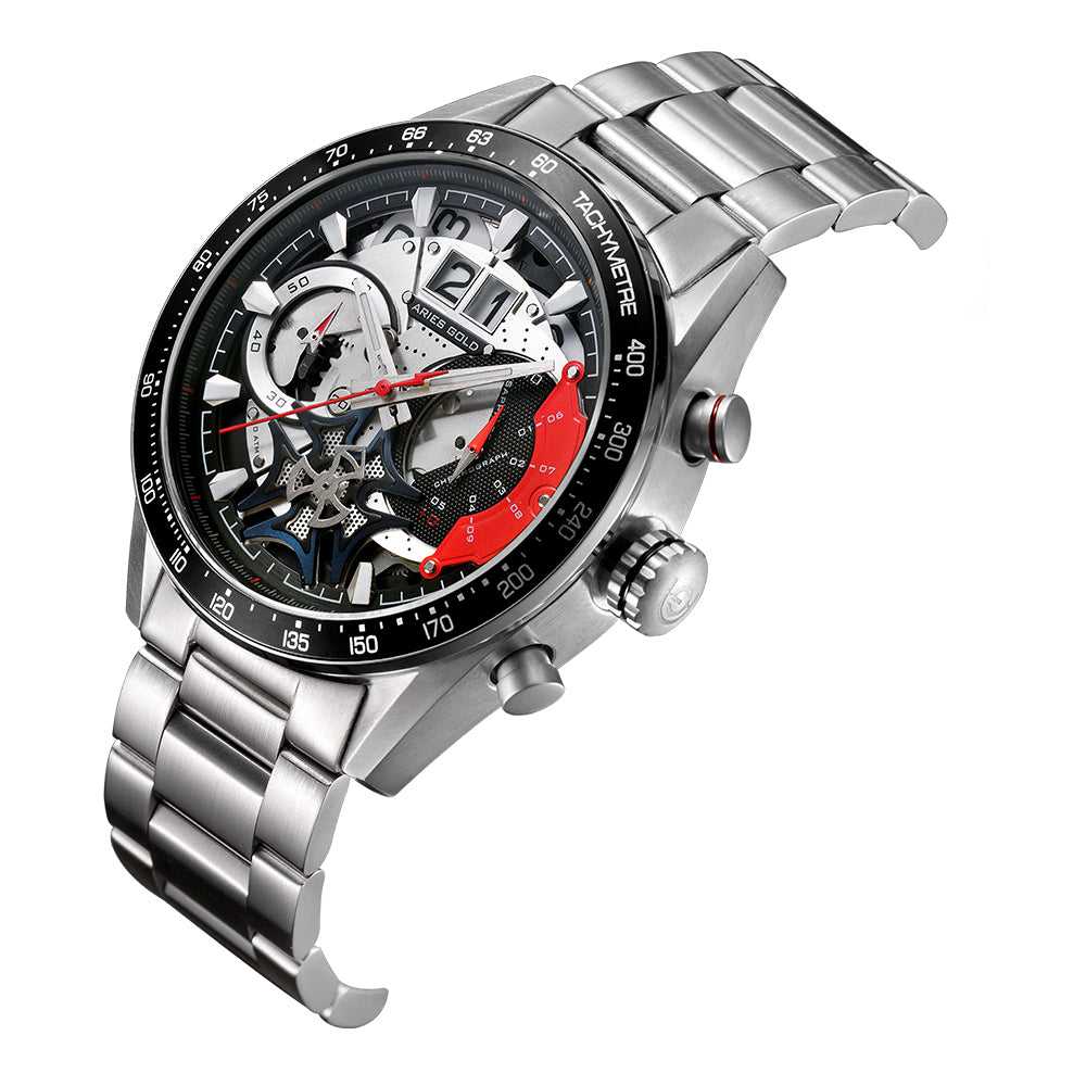 ARIES GOLD CHRONOGRAPH JOLTER SILVER STAINLESS STEEL G 7008 S-BK MEN'S WATCH - H2 Hub Watches
