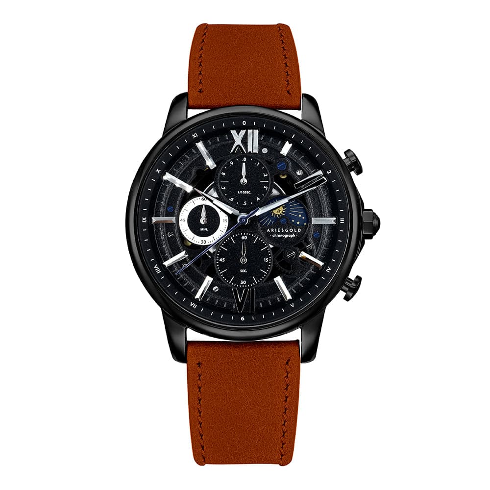 ARIES GOLD BELFAST MOON G 7013 BK-BK MEN'S LEATHER WATCH - H2 Hub Watches