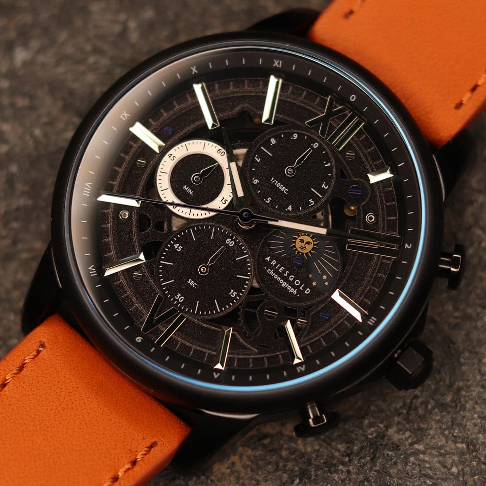 ARIES GOLD BELFAST MOON G 7013 BK-BK MEN'S LEATHER WATCH - H2 Hub Watches