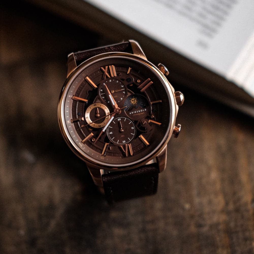 ARIES GOLD BELFAST MOON G 7013 RG-CF MEN'S LEATHER WATCH - H2 Hub Watches