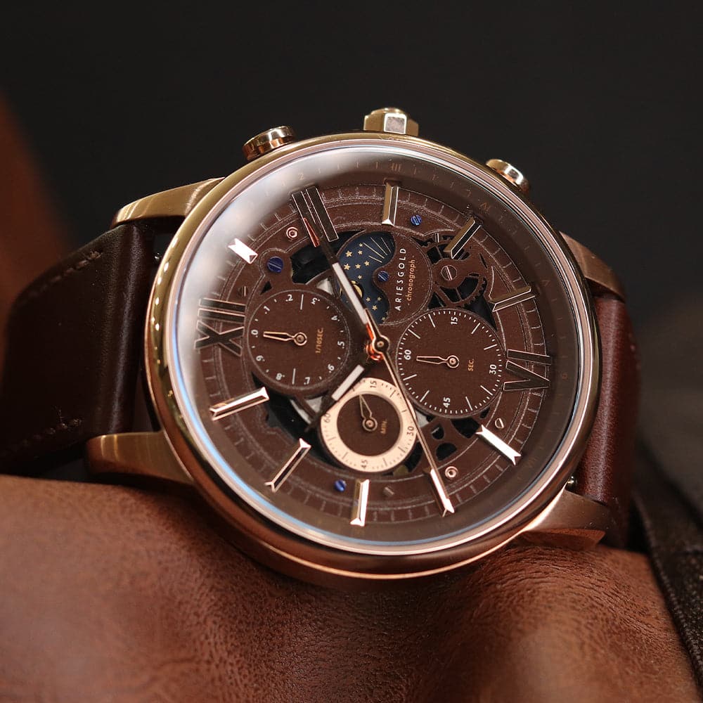 ARIES GOLD BELFAST MOON G 7013 RG-CF MEN'S LEATHER WATCH - H2 Hub Watches