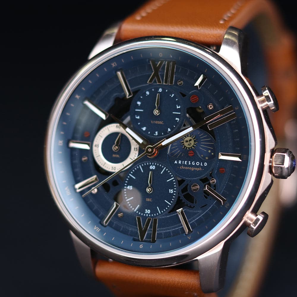 ARIES GOLD BELFAST MOON G 7013 S-BU MEN'S LEATHER WATCH - H2 Hub Watches