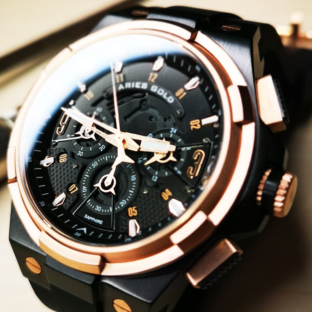 ARIES GOLD ANALOG LIGHTNING ROSE GOLD STAINLESS STEEL G 7016 BKRG-BKRG MEN'S WATCH - H2 Hub Watches