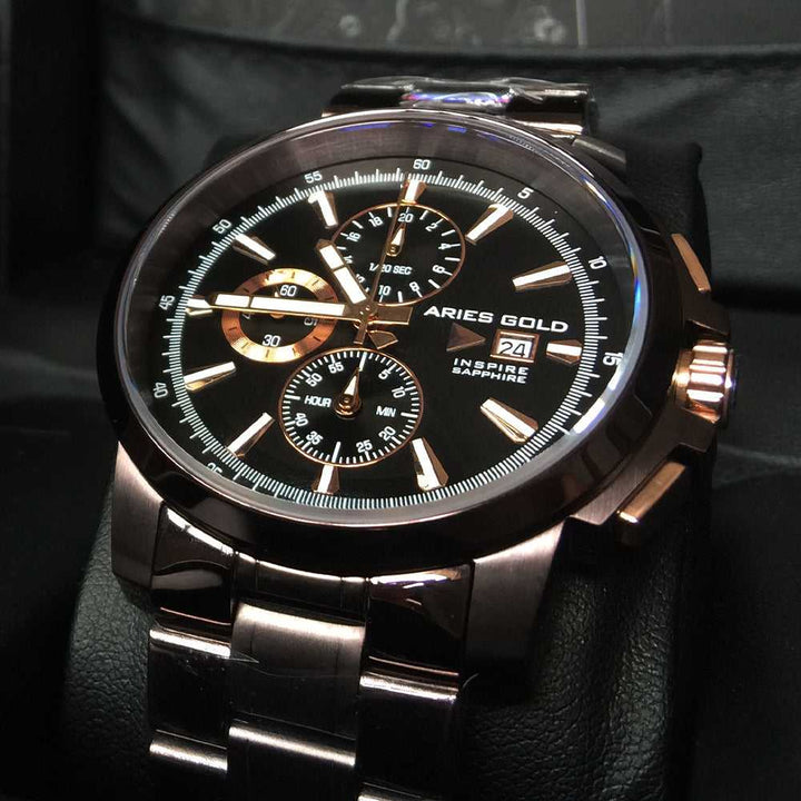 ARIES GOLD INSPIRE CONTENDER COFFEE STAINLESS STEEL G 7301 CF-BKRG MEN'S WATCH - H2 Hub Watches